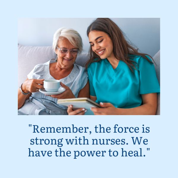 A nurse sharing a warm moment with an elderly patient along with a motivational quote.