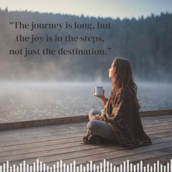 Woman on a dock reflecting on a life journey motivational quote