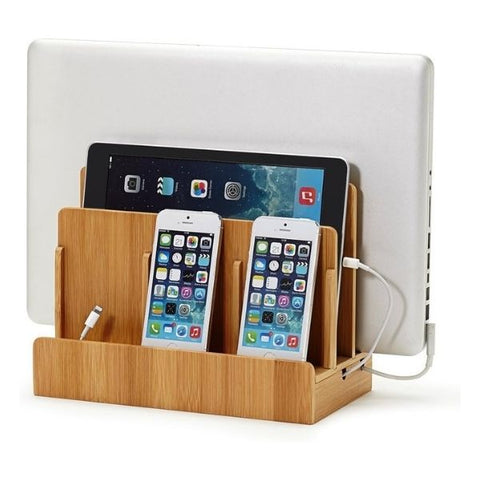 Elegant bamboo multi-device charging organizer, a sophisticated 21st birthday gift idea.