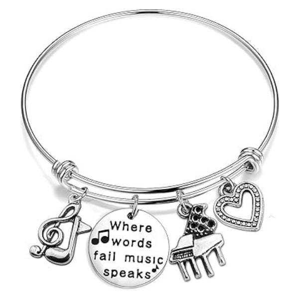 Unleash the power of music with the "Where Words Fail Music Speaks" Expandable Music Bangle Bracelet, a thoughtful gift for music enthusiasts.