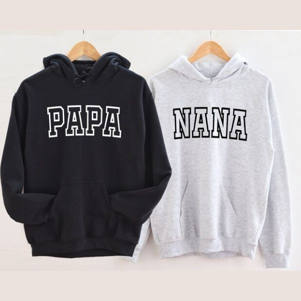 Cozy 'NANA' and 'PAPA' sweatshirts, perfect for grandparents to wear on a relaxed day in or a casual stroll.