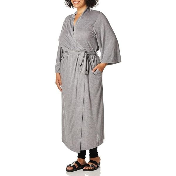 Elegant long grey Natori Shangri La robe, offering a touch of luxury for Grandparents Day.