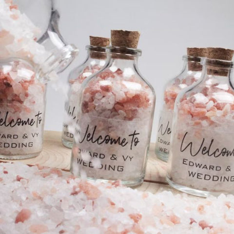 Relaxing bath salts, a pampering gift for wedding guests.