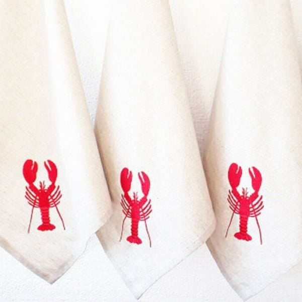Nautical Dream lobster embroidered cotton napkin, chic New Year's Eve hostess gift.