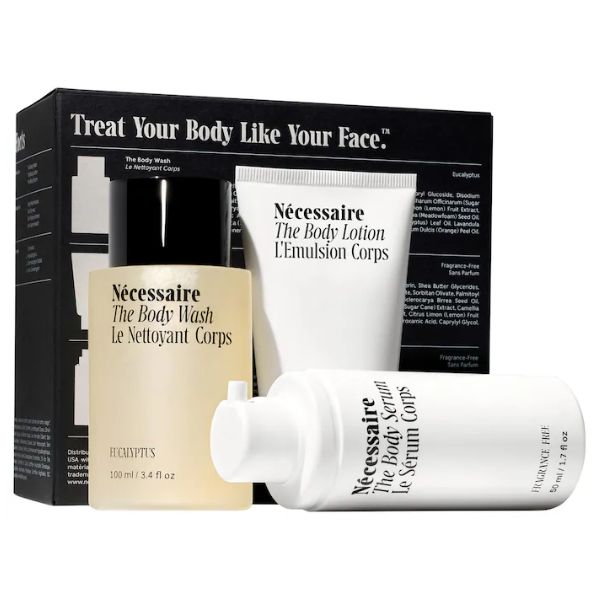 Necessaire The Body Essentials Trial + Travel Set, a premium skincare experience, a thoughtful anniversary gift for couples who enjoy self-care.