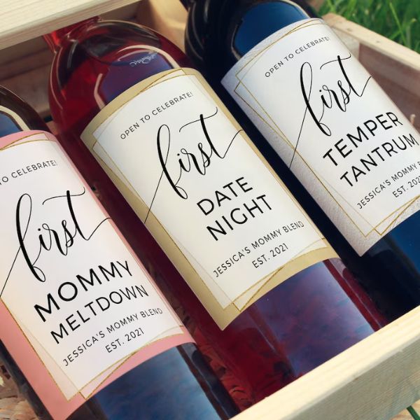 New Mom Gift Wine Labels, a playful push gift for a wife.