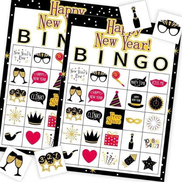 New Year's Eve Bingo game for 24 players, interactive New Year's Eve hostess gift.