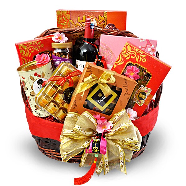 A beautifully arranged New Year's Gift Baskets filled with gourmet treats, chocolates, and festive surprises, perfect for celebrating the holiday season in style.