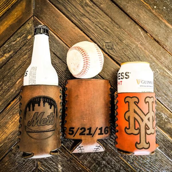 New York Mets Personalized Leather Drink Holder combines team loyalty with craftsmanship, a unique find among baseball coach gifts.