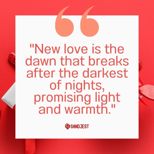 A vibrant quote capturing the essence of new beginnings in love against a bright red backdrop adorned with a ribbon.