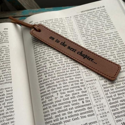 Onto the Next Chapter Leather Bookmark, a thoughtful gift for retired teachers.