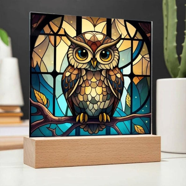 Owl Faux Stained Glass Acrylic Plaque radiating with color