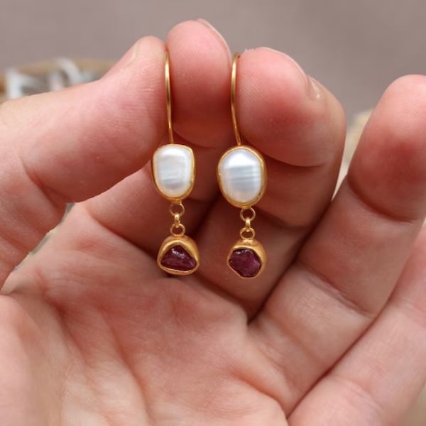 Pearl And Raw Ruby Silver Earrings, a unique 40th anniversary gift choice.