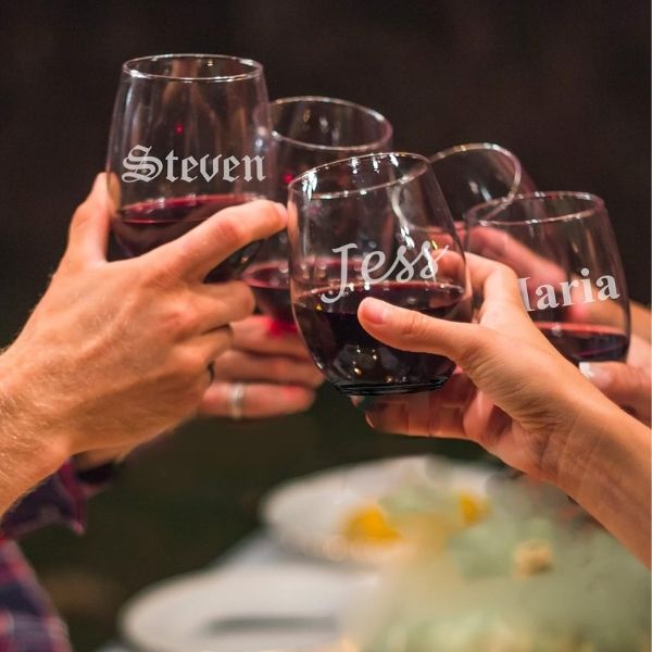 Personalized 15 oz Stemless Wine Glass adds elegance to baby shower favors.