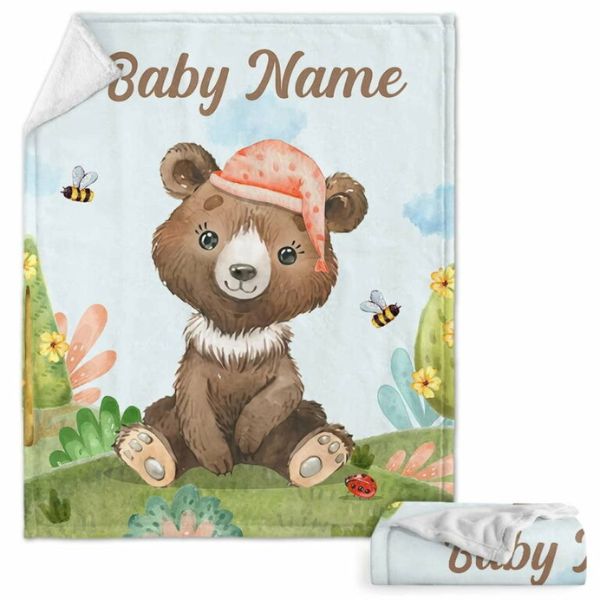 Personalized Baby Blanket featuring a Cute Brown Bear is an adorable National Sons Day gift for the little ones
