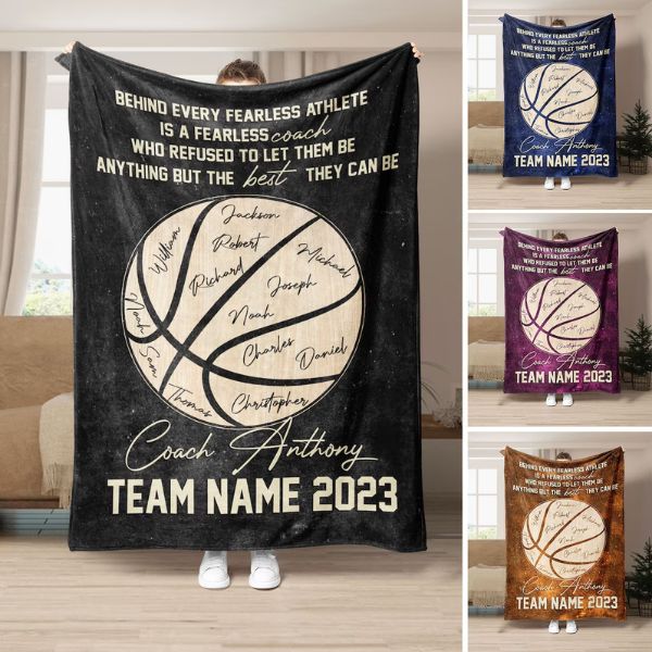 Monogrammed coach blanket on bench - cozy basketball coach gifts