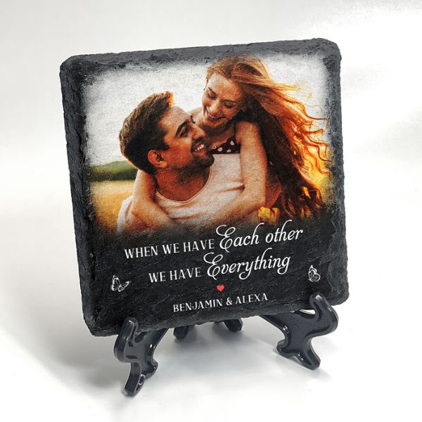 Personalized Couple Garden Stone When We Have Each Other decorates their outdoor sanctuary.