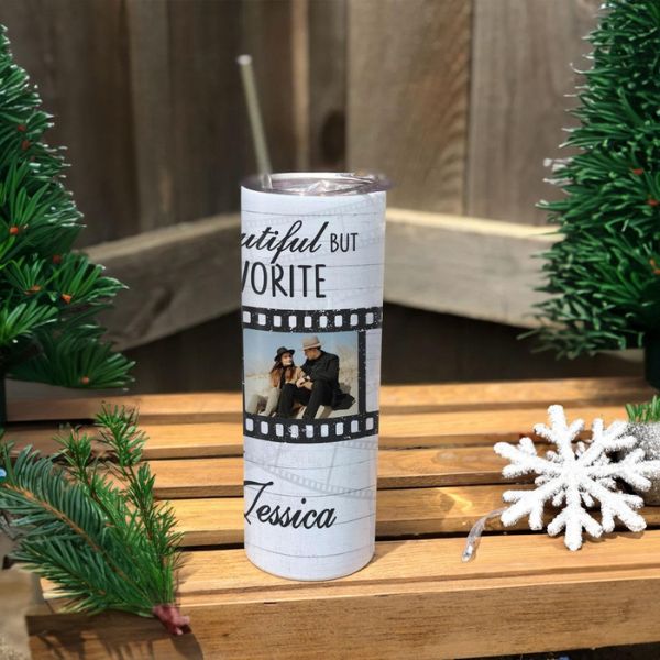 Personalized Couple Skinny Tumbler Love Story keeps drinks perfect during shared adventures.