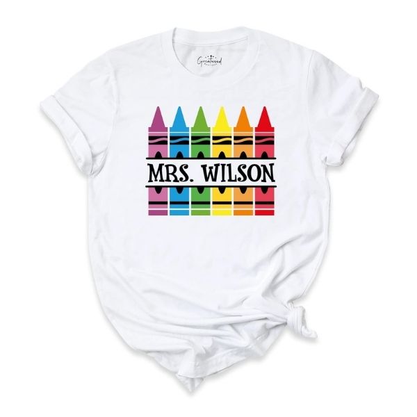 Personalized Crayon Teacher Shirt for colorful teacher appreciation gifts.