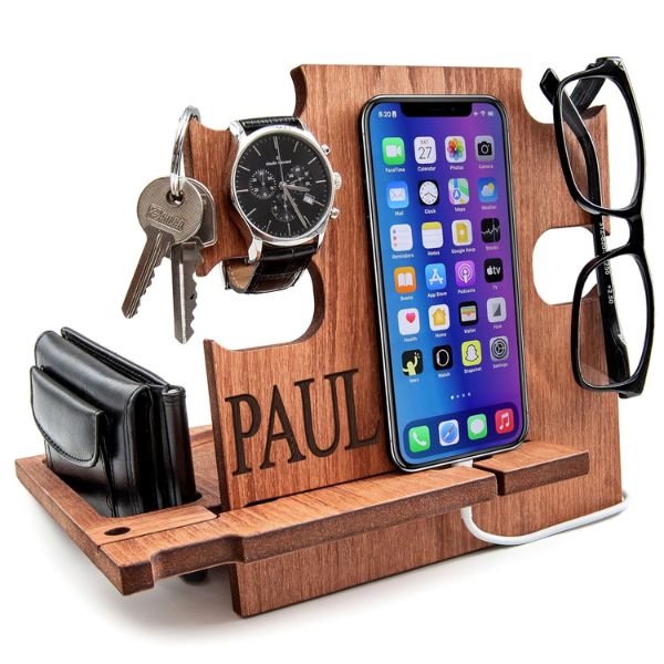 Personalized Docking Station featured as a smart and organized father's day gift to husband for his gadgets.
