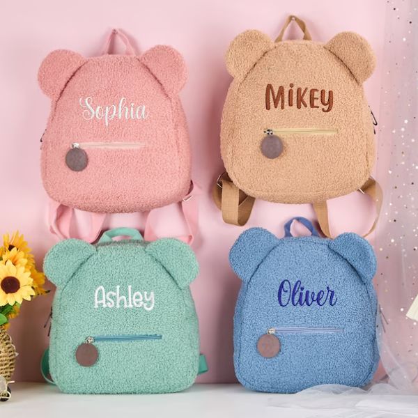 Personalized Embroidered Teddy Bear Backpack as a cuddly and practical Baby Day delight.