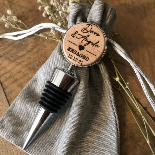 Personalized Engaged Bottle Stopper, a keepsake for wine enthusiasts.