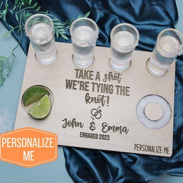 Personalized Engagement Tequila Flight Board, perfect for celebratory toasts.