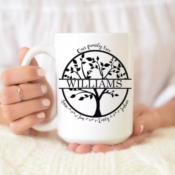 Personalized Family Tree of Life Coffee Cup is a heartwarming 50th anniversary gift, filled with family heritage.