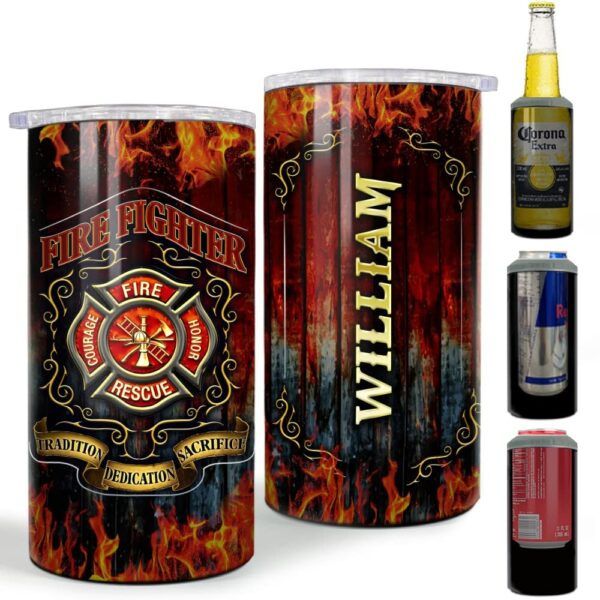 Personalized firefighter can cooler with tradition and sacrifice theme.