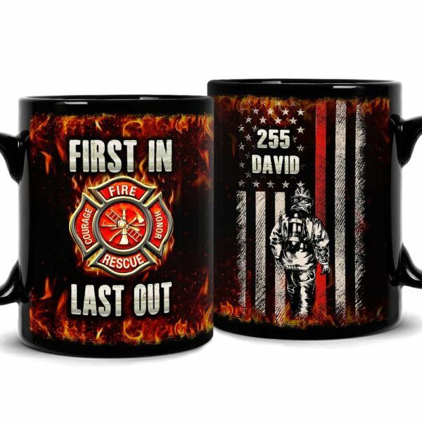 American flag with custom name on personalized firefighter mug.