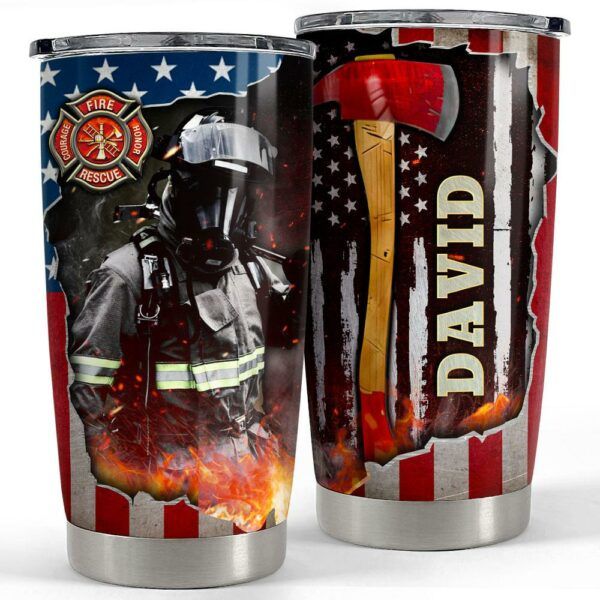 American flag metallic drawing style on personalized firefighter tumbler.