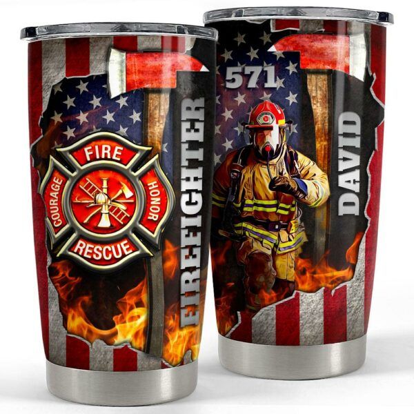 Personalized firefighter tumbler with a metallic American flag style.