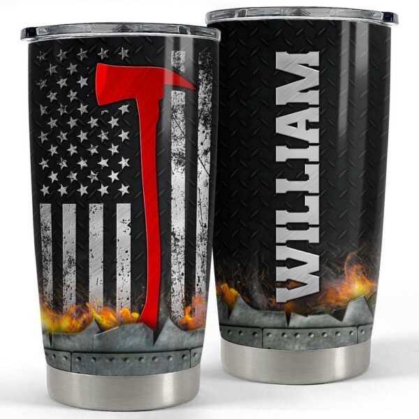 Custom name personalized firefighter tumbler with American flag design.