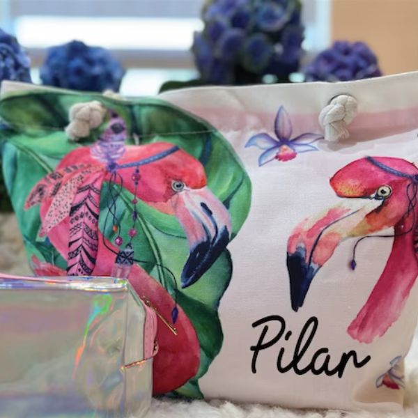 Carry your essentials in style with a Personalized Flamingo Makeup Bag.