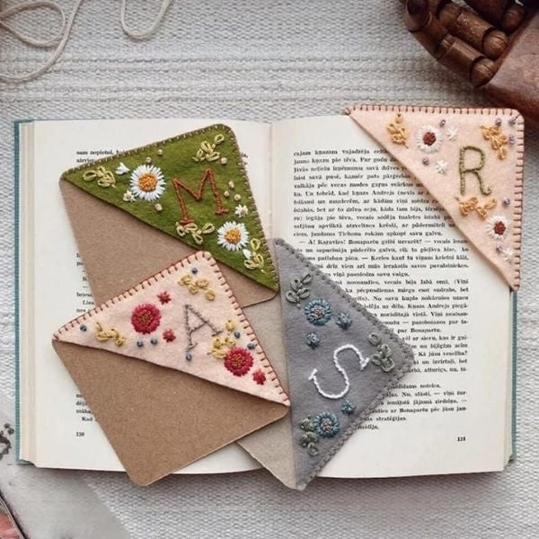 Personalized hand embroidered corner bookmark, a charming gift for grandmas who read.
