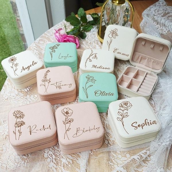 Personalized Jewelry Box with Birth Flower is a cherished baby shower favor.