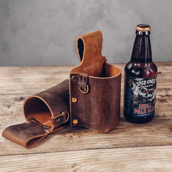 Rustic personalized leather beer holster for funny Father's Day gifts