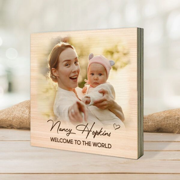 Celebrate new motherhood with the Personalized New Mom Wooden Block featuring a baby photo.