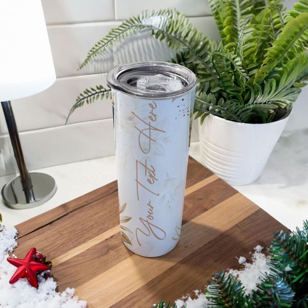 Personalized Photo Skinny Tumbler With Custom Text, a personalized image showcasing graduation quotes, the ideal gift for commemorating academic milestones.