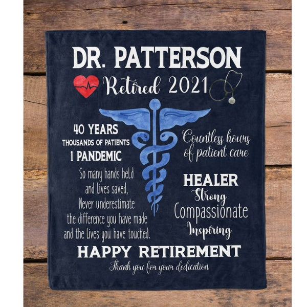 Cozy personalized physician retirement blanket with embroidered name, perfect as a doctor retirement gift