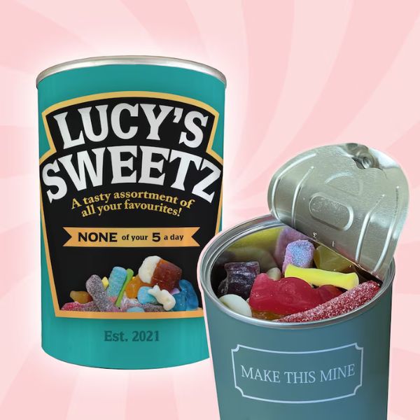 Add a touch of humor with a Personalized Pick & Mix Sweets Tin Can featuring funny baked beans.