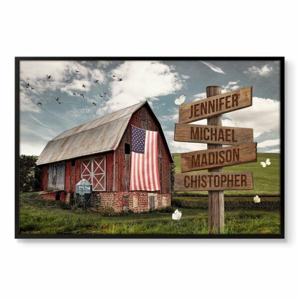 Personalized American Barn Flag Poster symbolizes family pride, a patriotic Father's Day gift.