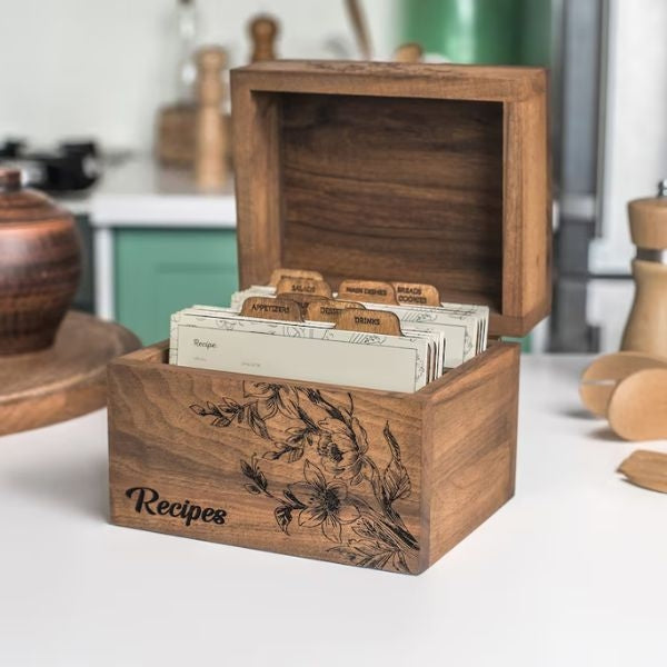 Personalized Recipe Card Box, a stylish and organized repository, preserves family recipes with a personalized touch for your daughter-in-law's culinary journey.