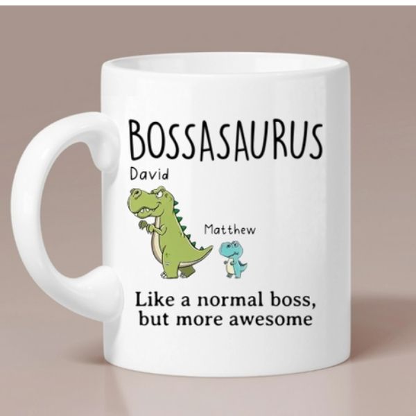 Personalized Saurus With Names White Mug christmas gift for boss