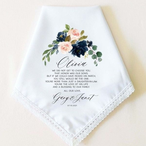 Personalized Wedding Handkerchief, a sentimental and custom keepsake, adds a touch of grace to your daughter-in-law's special day.