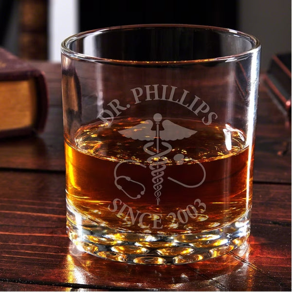 Elegant personalized whiskey glass for doctors, a sophisticated retirement gift for enjoying leisure time