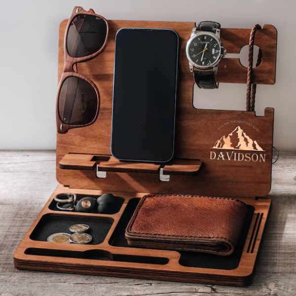 Organize your essentials with a Personalized Wood Engraved Docking Station, a perfect doctors' day gift.