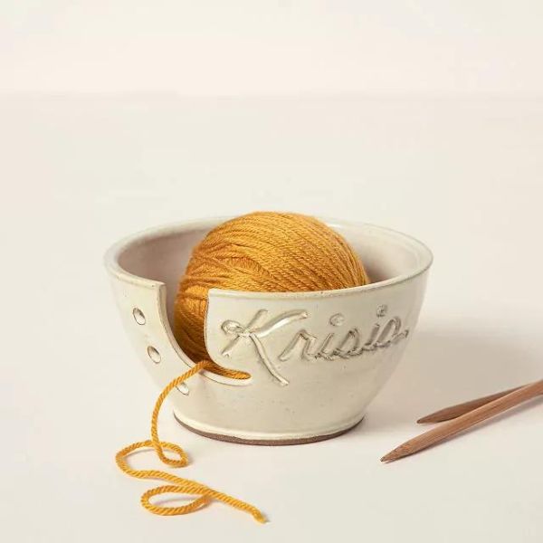 Handcrafted personalized yarn bowl, great for a 60th anniversary gift.