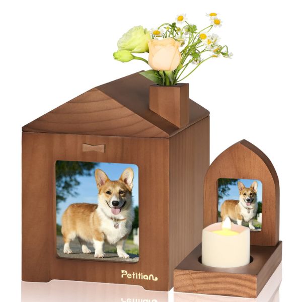 Customized pet memorial house-shaped urn with a photo slot and candle niche for remembrance.