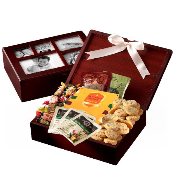 Photo Gift Box filled with Cookies and Snacks, a personalized touch for family gift basket ideas.